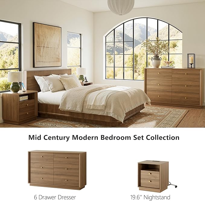 Mid Century Modern Dresser, 6 Drawer Dresser with Storage, 47" Wide Chest of Drawers with Wood Grain Texture, Drawers Organizer for Bedroom, Living Room, Hallway, Walnut