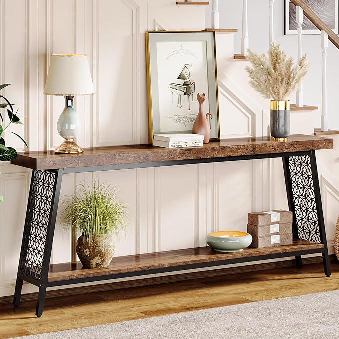 Tribesigns 70.9" Extra Long Console Table, 2-Tier Sofa Table with Storage, Industrial Entryway Table Behind Couch, Narrow Entrance Table for Hallway, Living Room, Rustic Brown