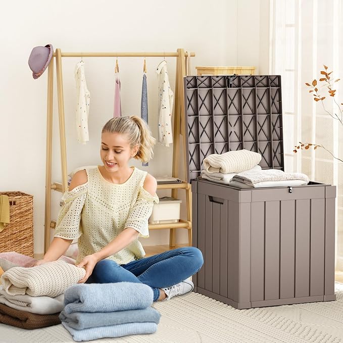 Vixzen 50 Gallon Resin Deck Box, Lockable Outdoor Storage Box for Patio Cushions Storage Furniture,Garden Tools, Pool Supplies, Weatherproof and UV Resistant- Grey