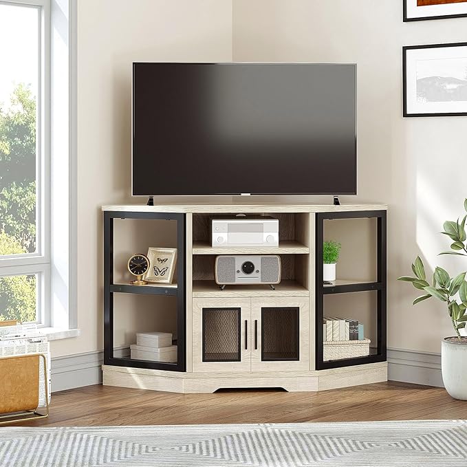 YITAHOME Corner TV Stand for TVs up to 55/50 Inch with Power Outlet, Modern Farmhouse Entertainment Center, Wood TV Media Console with Storage Cabinets Shelves for Living Room, White Oak