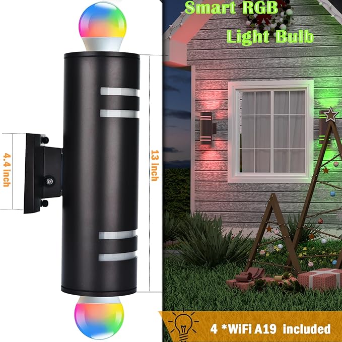 Smart Outdoor Wall Lights Color Changing 2 Pack, RGB+2700K-6500K Modern Exterior Lighting Fixtures Cylinder Outside Wall Sconce with Glass, WiFi APP Control Up Down Outdoor Porch Lights