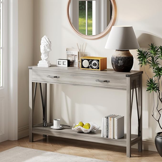 ChooChoo 47'' Farmhouse Console Table with Drawer, Entryway Table with Storage Shelf, Rustic A-Design Sofa Table for Hallway, Entrance, Living Room, Grey