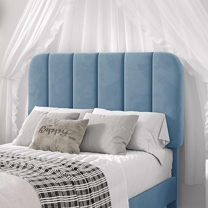 VECELO Twin Size Bed Frame with Upholstered Headboard, Velvet Platform Bedframe Mattress Foundation, Strong Wood Slat Support, No Box Spring Needed,Sky Blue