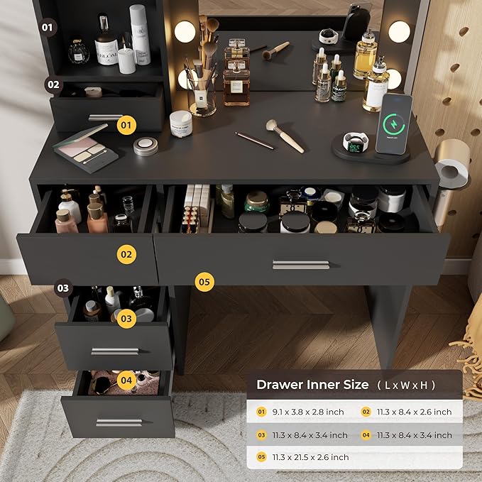 Vanity Desk with LED Lighted Mirror&Power Outlet, 3 Lighting Colors Makeup Vanity Desk with 5 Large Drawers and 3 Storage Shelves, Black Vanity Dresser with Storage Stool for Bedroom