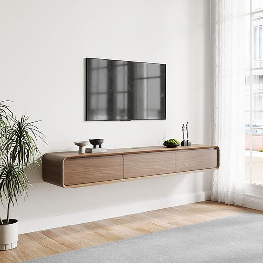 POVISON Fully-Assembled Minimalist Floating TV Stand, Modern Wall-Mounted Entertainment Center with 3 Flip-Down Cabinet Doors, Solid Wood Media Console, 70.87"