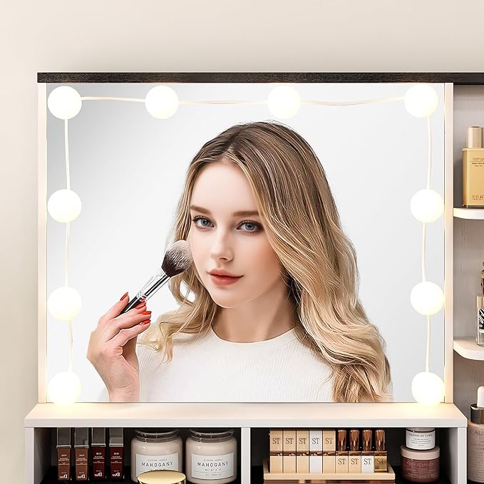 Vabches Makeup Vanity Desk with Lights and Mirror, Black Vanity Table Set with Charging Station, Glass Top Vanity with RGB Lights, Large Mirror with 3 Lighting Modes, 5 Drawers & Cabinet, 40.7in(L)