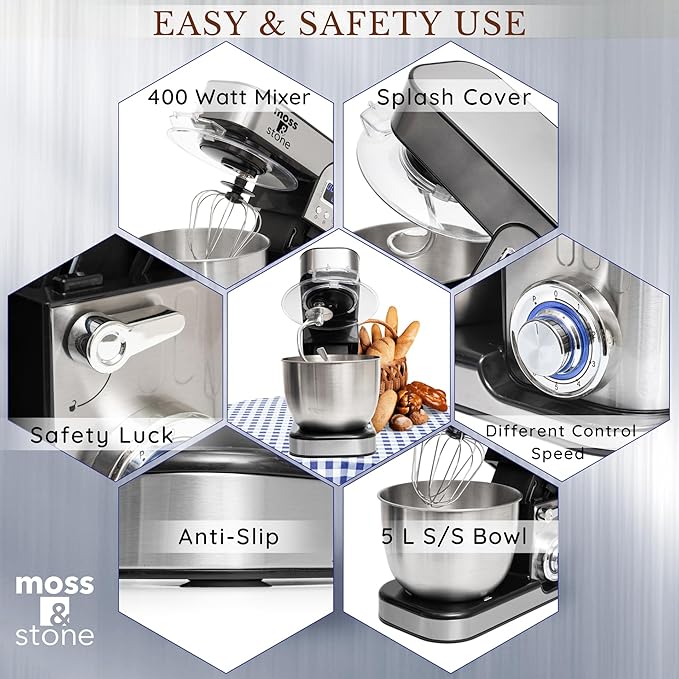 Moss & Stone Stand Mixer With Lcd Display, 6 Speed Electric Mixer With 5.5 Quart Stainless Steel Mixing Bowl, Kitchen Mixer With Dough Hook, Egg Whisk, Beater & Baking Spatula, Food Mixer With Timer