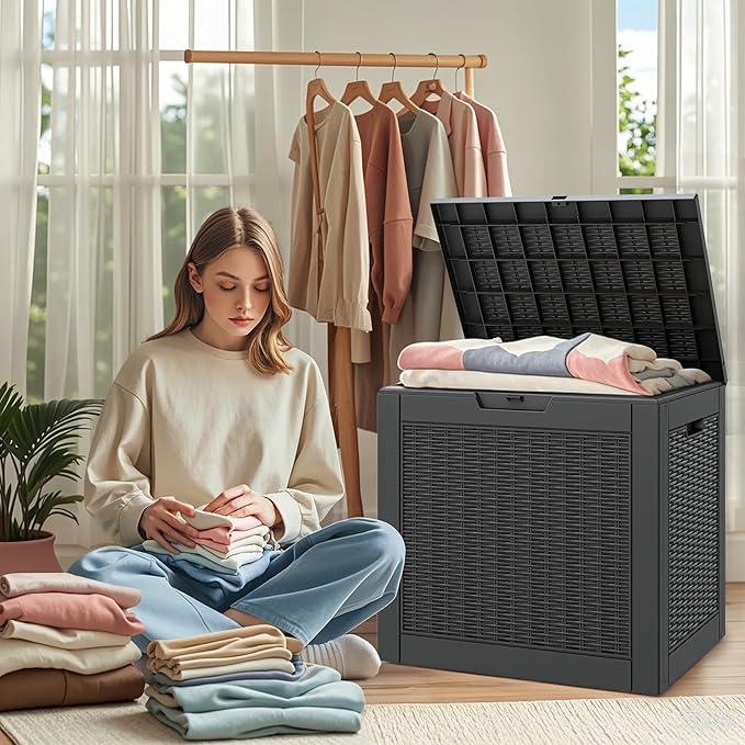 35 Gallon Outdoor Storage Box, Waterproof Resin Deck Box with Lockable Lid, Patio Furniture Side Table & Storage Bin for Package Delivery, Patio Cushions, Garden Tools, Pool Accessories, Black