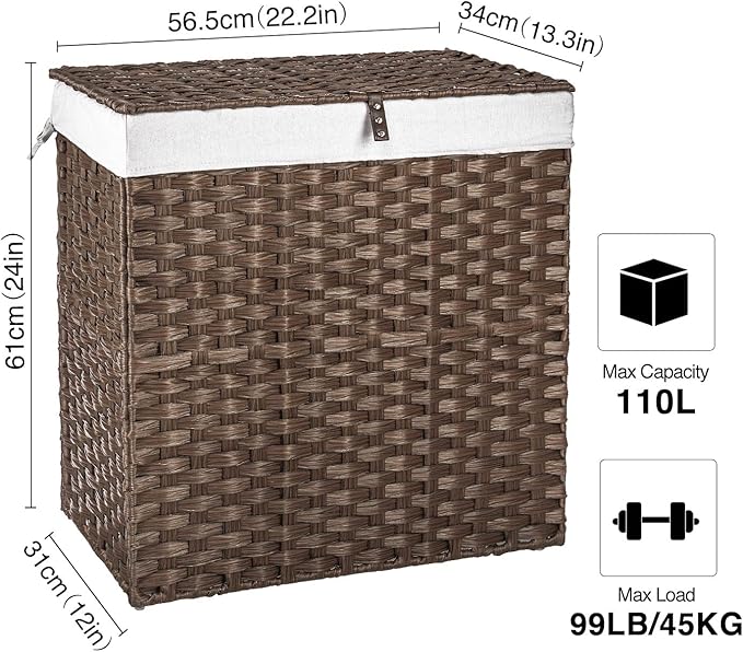 Greenstell Laundry Hamper with lid, No Install Needed, 110L Wicker Laundry Baskets Foldable 2 Removable Liner Bags, 2 Section Clothes Hamper Handwoven Rattan Laundry Basket with Handles, Brown