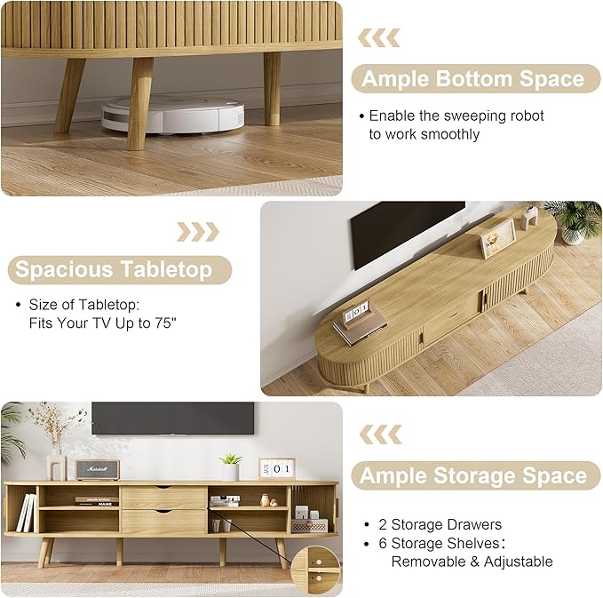 69" Fluted TV Stand, Mid Century Modern TV Stand Fits TVs Up to 75", Wood Entertainment Center for Living Room, Farmhouse TV and Media Console Table with Storage, Curved Edge and Sliding Door, Oak