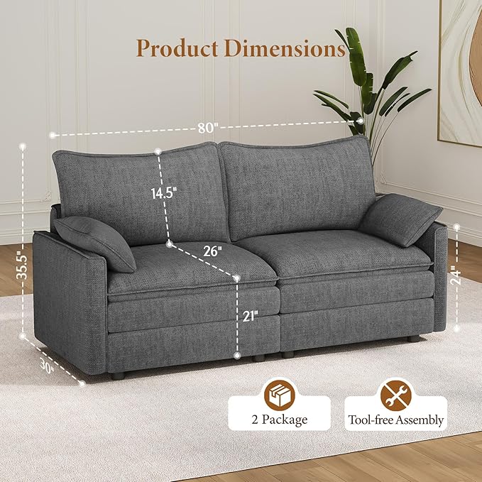 Vesgantti 74" Loveseat Sofa for Living Room, Comfy Cloud Couch Deep Seat Chenille Modern 2 Seater Small Sofa with Armrest Pillow, Easy Assembly for Small Spaces, Gray