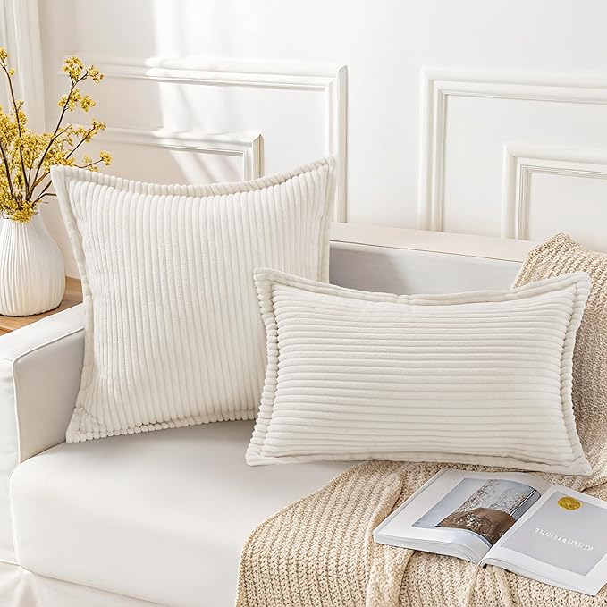 Mecatny Corduroy Throw Pillow Covers 24x24 Set of 2, Neutral Decorative Soft Boho Couch Pillow Covers with Broadside for Sofa Living Room, Cream White
