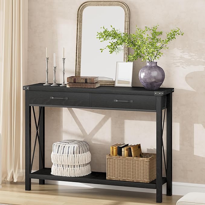 43” Entryway Table with Drawers, Narrow Console Sofa Table with Storage & Shelves, Farmhouse Entryway Console Table for Hallway, Living Room - Black