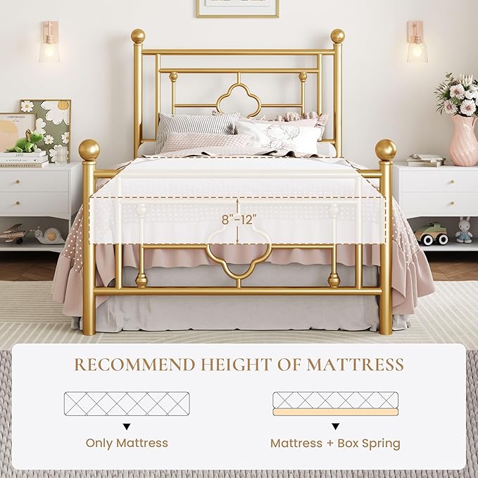 SHA CERLIN 14 Inches Twin Size Metal Platform Bed Frame/Vintage Iron-Art Headboard and Footboard/Mattress Foundation/No Box Spring Needed/Noise-Free/Easy Assembly/Gold