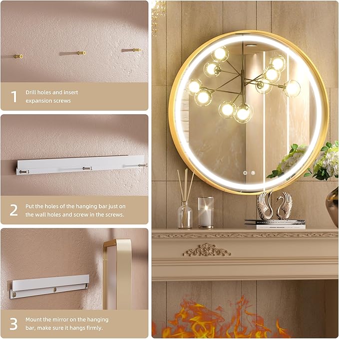 Hasipu 32 Round LED Mirror for Bathroom with Lights, Gold Circle Vanity Mirror for Wall, Metal Framed Frontlit Bathroom Mirrors Anti-Fog, Dimmable, 3 Colors Makeup Mirror Wall Mounted