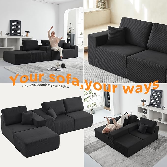 INGEROOM 108" Cloud Sectional Couch, Modular Sectional Sofa with L-Shaped Chaise, Modern Plush Corduroy Couch for Living Room Bedroom（Black）