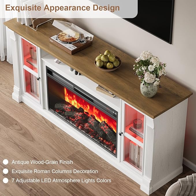 Farmhouse Fireplace TV Stand Up to 80" TVs, 70" Modern Highboy Entertainment Center with 36" Electric Fireplace & LED Lights, Media Console with Adjustable Shelves for Living Room, Antique White