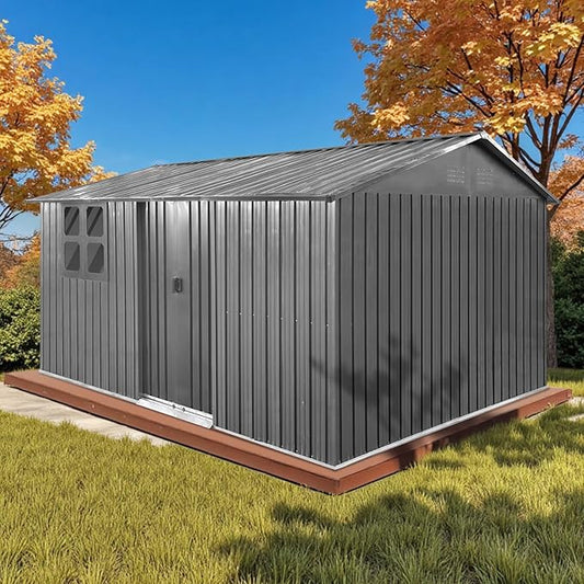 12x10 Ft Storage Shed Outdoor, XL Permanent Steel Building with Window, Sliding Doors and 4 Air Vents for Backyard Garden Patio Lawn - Grey