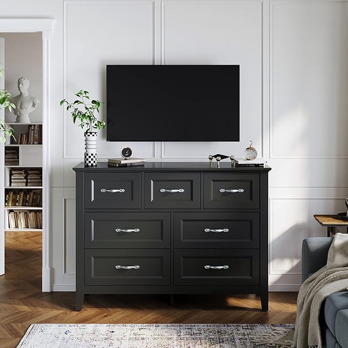 LINSY HOME Farmhouse 7 Drawers Dresser Chests for Bedroom, Wood Dresser Wide Chest of Drawers, Storage Dressers Organizer for Bedroom, Living Room,Hallway, SGS Certified