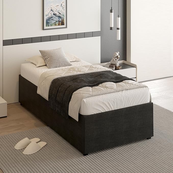 18 Inch Twin XL Bed Frames with Black Bed Cover, Metal Bed Frame Twin XL No Box Spring Needed, Heavy Duty Mattress Foundation, Easy Assembly, Noise Free