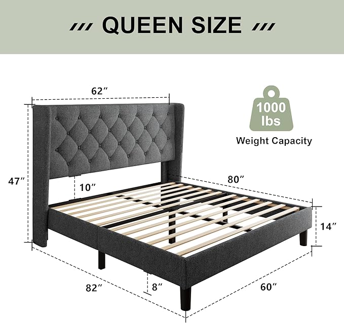 Feonase Queen Size Bed Frame with Diamond Tufted Wingback Headboard, Morden Upholstered Platform Bed, Sturdy Wooden Slats Support, Noise-Free, No Box Spring Needed, Easy Assembly, Dark Gray