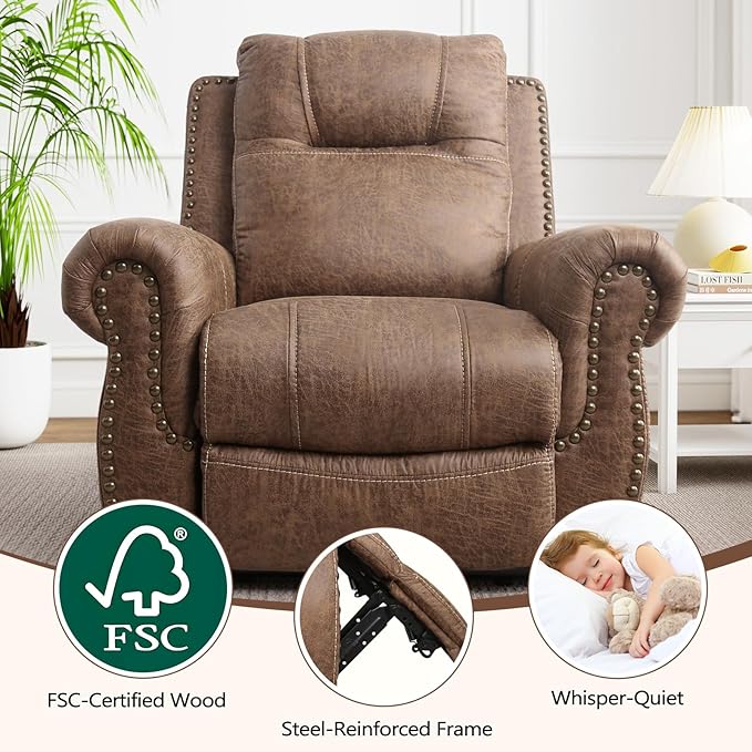 ANJ Electric Power Recliner Chair with USB Ports, Set of 2, Breathable Faux Leather Oversized Recliner with Comfortable Arms, Back and Headrest, Single Sofa for Living Room, Nut Brown