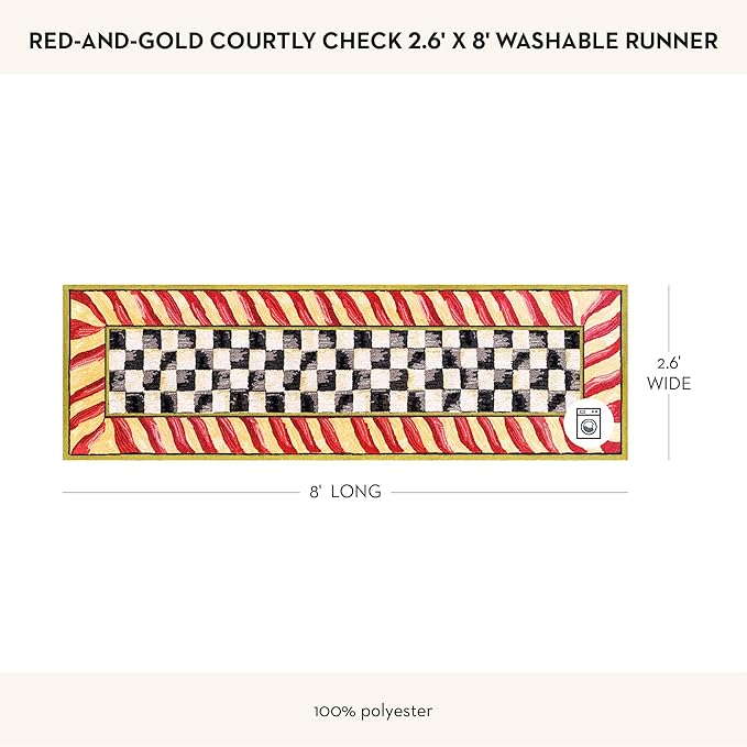 MACKENZIE-CHILDS Washable Rug, Decorative Indoor Rug, 2'6" x 8' Runner, Red-and-Gold Courtly Check