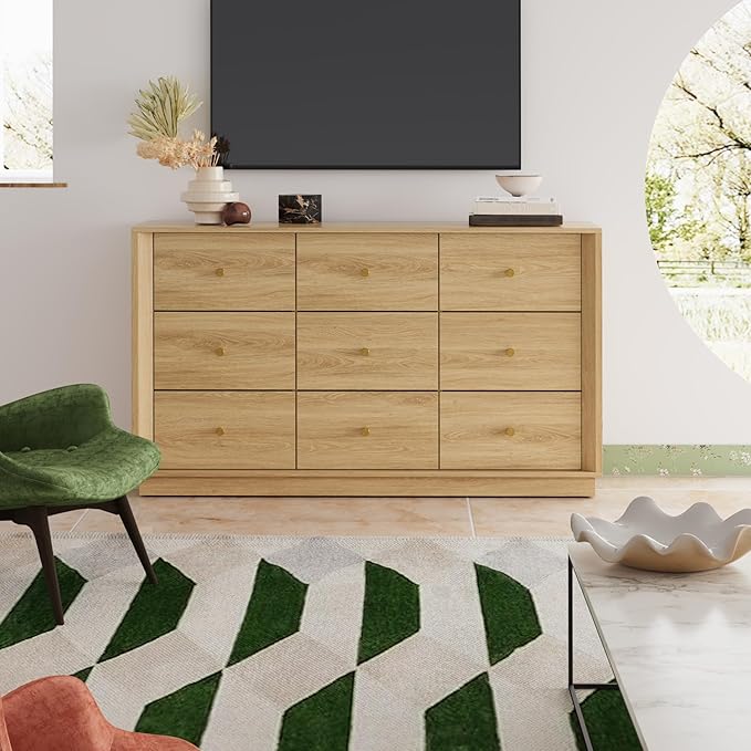 9 Drawer Dresser, Mid Century Modern Dresser with Storage, 55" Wide Chest of Drawers with Wood Grain Texture, Drawers Organizer for Bedroom, Living Room, Hallway, Gold Oak