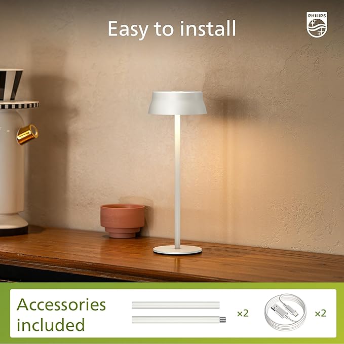 Philips Cordless Table Lamp, Portable Outdoor LED Desk Light,Rechargeable Battery Operated, 2 Adjustable Height, Touch Control & 3 Color Stepless Dimming, Waterproof Lamps for Restaurant/Bedroom
