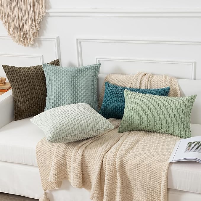 Kevin Textile Throw Pillow Covers Soft Corduroy Decorative Set of 2 Boho Striped Pillow Covers Pillowcases Farmhouse Home Decor for Couch Bed Sofa Living Room 12x20 Inch Teal Blue