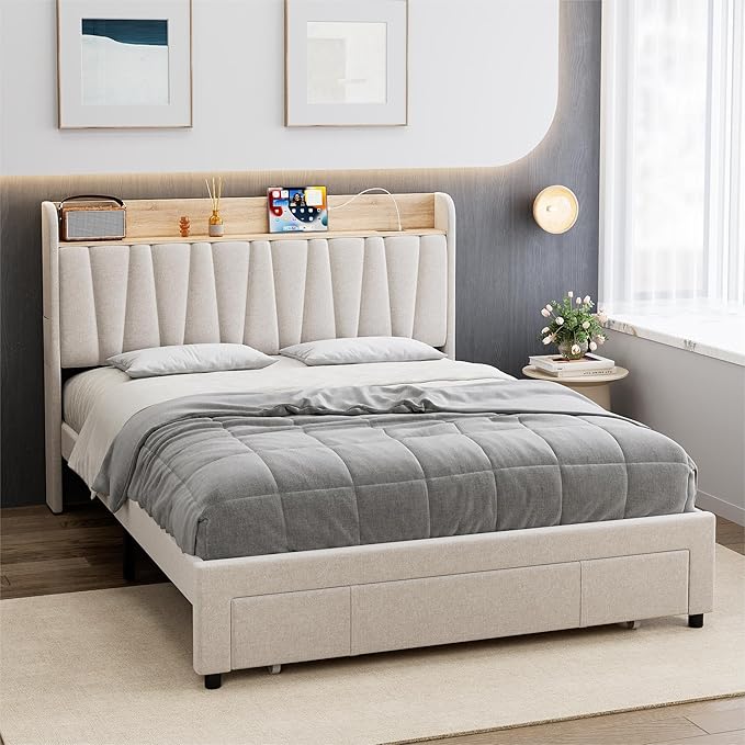 GarveeHome Upholstered Bed Frame with Storage Headboard and Charging Station, Platform Bed Frame with Drawers, Heavy Duty, No Box Spring Needed, Easy Assembly, Beige, Full Size