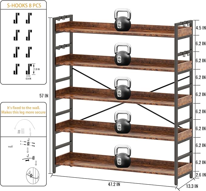 HCHQHS 5 Tier Bookshelf, Adjustable Industrial Bookcase, Vertical Tall Book Shelf, Wood and Black Metal Open Bookshelves for Home Office, Living Room, Bedroom