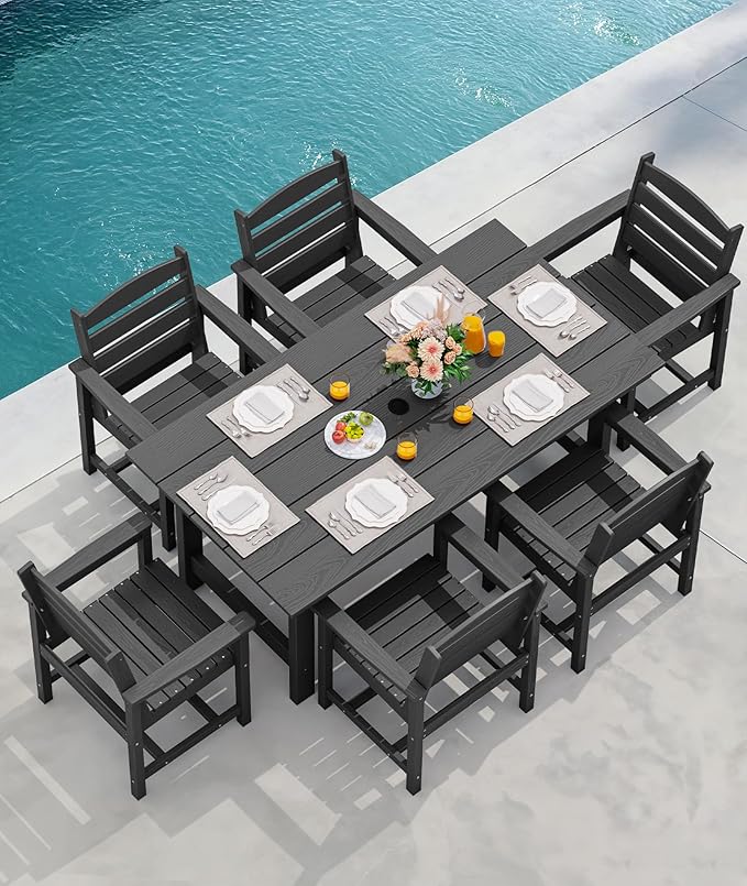 SERWALL 8-Piece Patio Dining Sets with 15FT Double Side Patio Umbrella, Outdoor HDPE Dining Furniture Set with Umbrella Hole Cut-Out Table and 6 Chairs, Black（Umbreall Base not Included）