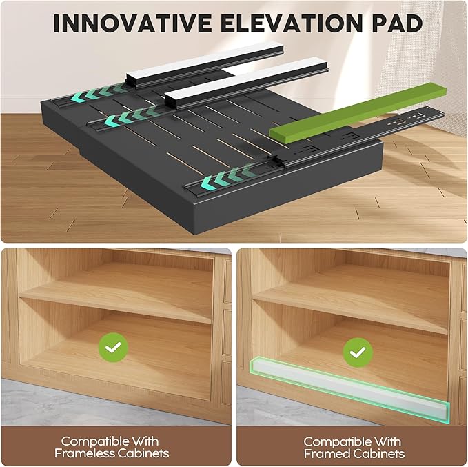 4 Pack Pull Out Cabinet Organizers 21" Deep With Raising Pad for Framed Cabinets, Expandable Width (15.2"-26.3") Slide Out Drawers Upgrade 3 Slide Rails, Roll Out Shelves Adhesive, Black