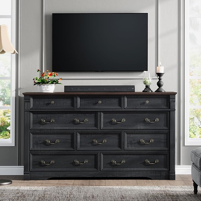 Yaamizz Farmhouse Dresser for Bedroom, 60" Wide 10 Drawer Dressers Storage with Wood Pilasters & Metal Handles, Vintage Design, Drawer Organizer for Bedroom, Hallway, Black