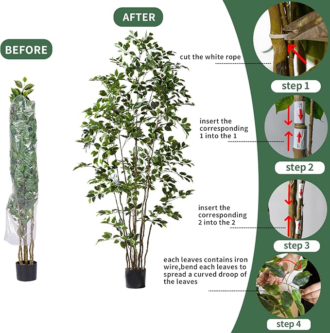 Artificial Ficus Tree Indoor 8ft, Large Potted Faux Tree with Realistic Silk Leaves & Trunk for Home Office, Living Room Corner Decor