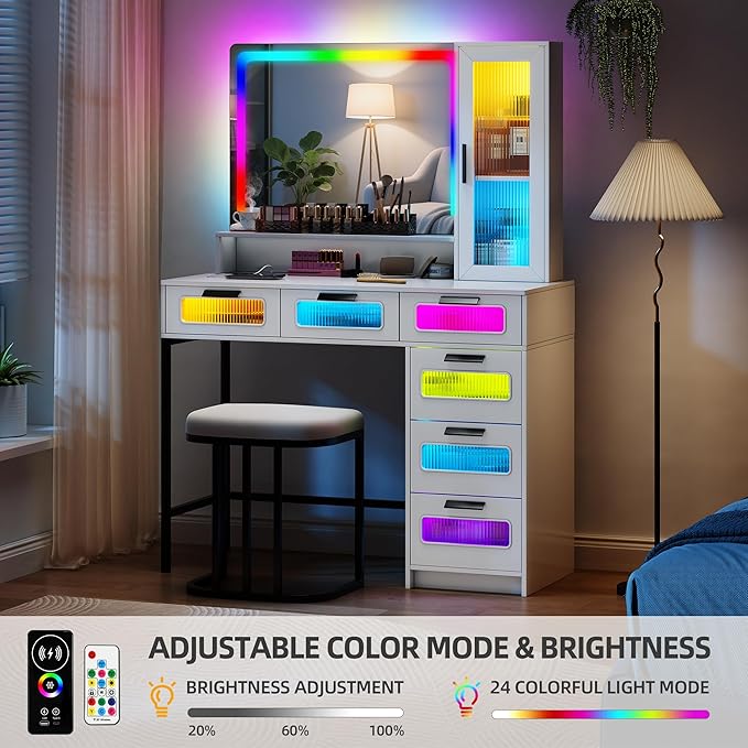 LED Make Up Vanity Desk with Mirror and Light, Smart Dressing Table with 6 Drawers, 3 Shelves, 24 Color Lighting Modes, Cushioned Stool, USB Type-C Storage for Bedroom Dressing Room White