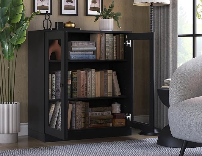 Palace Imports Solid Wood Bookcase - Floor Standing Bookshelf - 32” W - Display Furniture, Renewable 100% Eco-Friendly Wood, Made in Brazil (Black, Clear Glass Doors | 3-Shelf Short Bookcase)