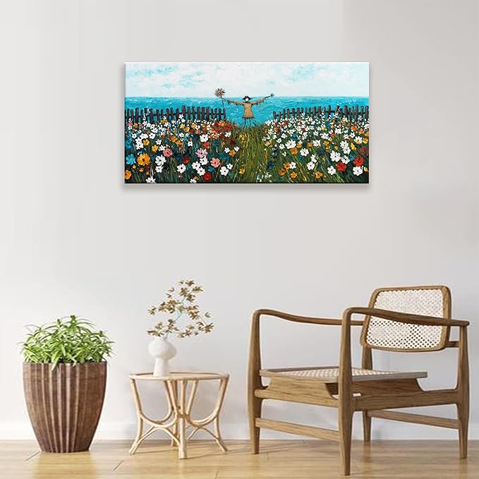 Tsomzxng Canvas Wall Art Decor Blue Sea Wall Decor Colorful Flowers Scarecrow Landscape Print Painting Artwork Picture For Bedroom Apartment Bathroom 20x40 Inch