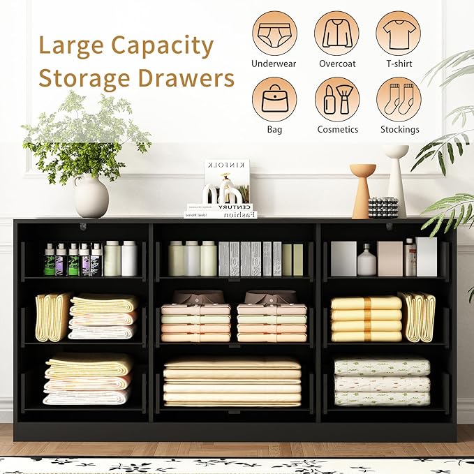 9 Drawer Dresser for Bedroom with Deep Drawers, 63" Wide Wood Dresser, Large Floor Chest of Drawers, Modern Long TV Stand, Storage Cabinet Side Table, Black