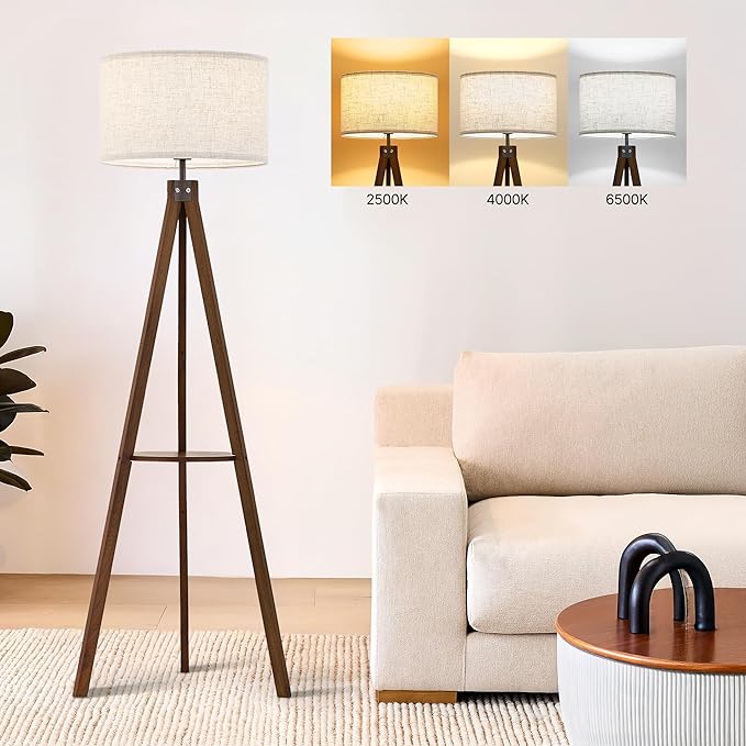 ELYONA Wood Tripod Floor Lamp with Table, Shelf Standing Light with 3 Color Temperatures LED Bulb, Mid Century Modern Wooden Tall Floor Lamp with Linen Shade for Living Room Bedroom Office,Dark Brown