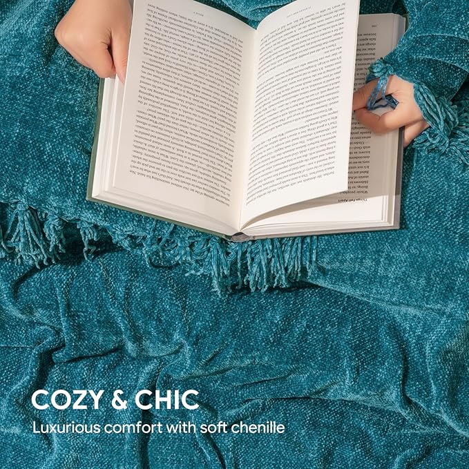 RECYCO Throw Blanket Soft Cozy Chenille Throw Blanket with Fringe Tassel for Couch Sofa Chair Bed Living Room (Teal, 60'' x 80'')