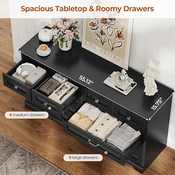 DICTAC 10 Drawers Dresser for Bedroom,55" Wide Farmhouse Dresser with Natural Texture and Vintage Metal Handles, Rustic Wood Chest of Drawers for Bedroom, Living Room, Hallway,Black