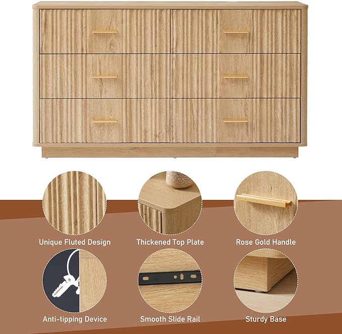 Fluted Double Dresser for Bedroom with 6 Drawers,47" Wide Modern Chest of Drawers,Curved Profile Wood Storage Dressers TV Stand,Wooden Closet Clothes Storage Organizer for Living Room Hallway, Natural