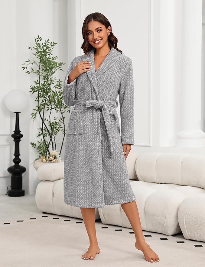 Ekouaer Women's Robe Plush Soft Long Bathrobe Cozy Warm Shawl Collar Spa Robe with Pockets
