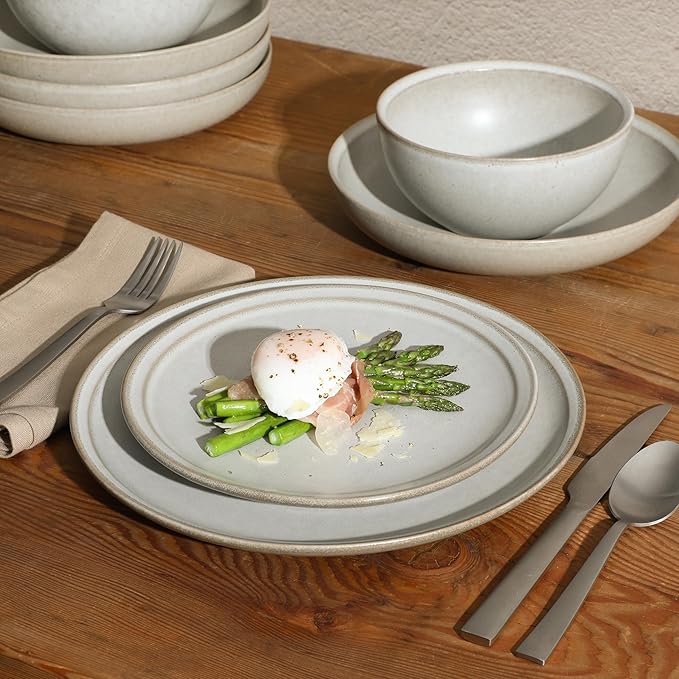 Gibson Elite Beckett Stoneware Matte Reactive Glaze 16 Piece (Service for 4) Plates and Bowls Dinnerware Set - Linen White