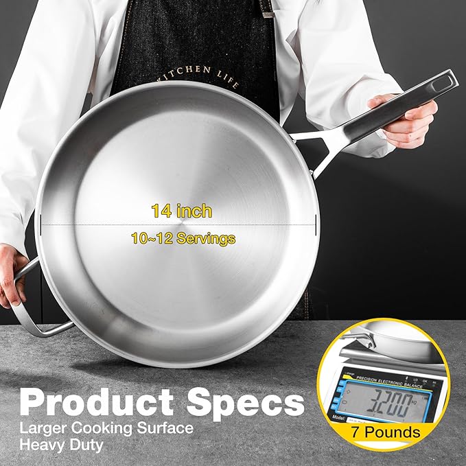 Stainless Steel Pan,14 inch Frying Pan, Heavy Duty, Large Frying Pan, Fast & Even Heating, Up to 650°, Oven & Dishwasher Safe,Compatible with All Cooktops
