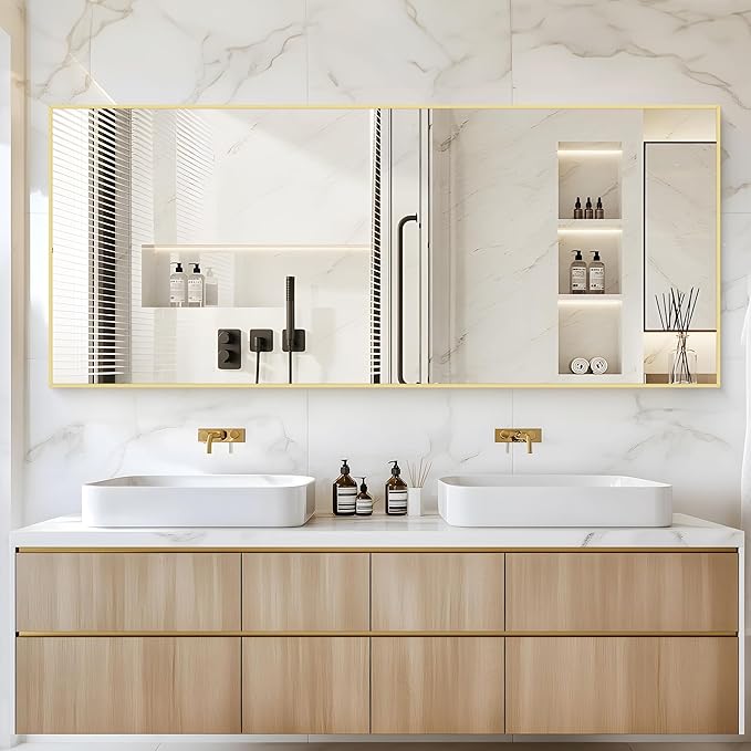 30x72inch Bathroom Mirror, Gold Rectangle Mirror with Thin Metal Frame, Large Rectangular Wall Mirrors for Bathroom, Living Roomm, Hair Salon, Big Farmehouse Mirror Hang Horizontal/Vertical