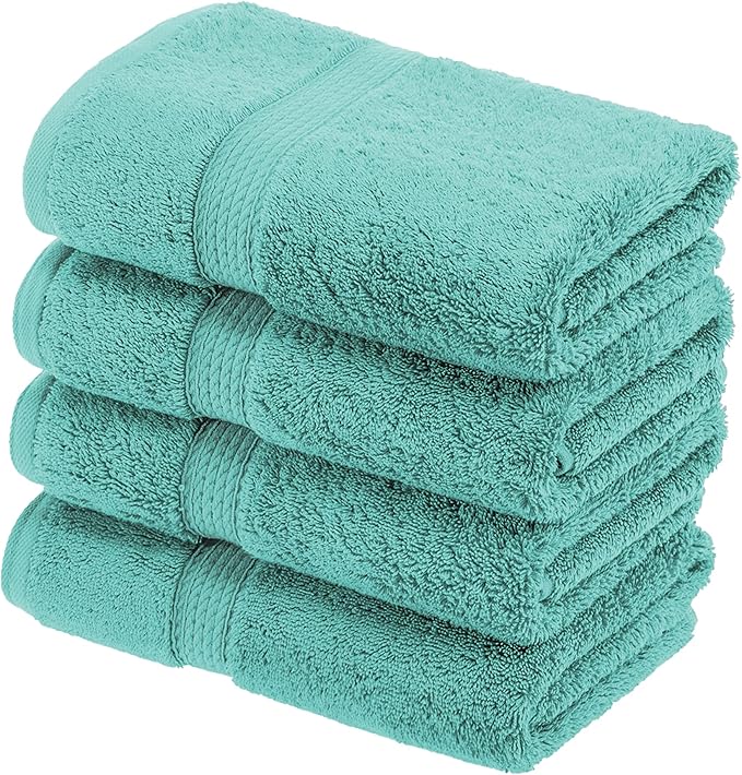 Superior Egyptian Cotton Pile Hand Towel Set of 4, Ultra Soft Luxury Towels, Thick Plush Essentials, Absorbent Heavyweight, Guest Bath, Hotel, Spa, Home Bathroom, Shower Basics, Turquoise