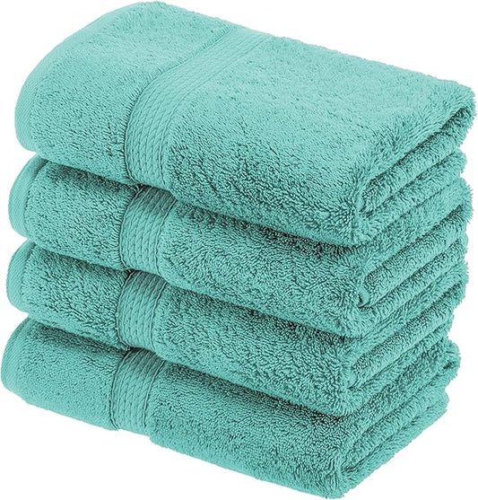 Superior Egyptian Cotton Pile Hand Towel Set of 4, Ultra Soft Luxury Towels, Thick Plush Essentials, Absorbent Heavyweight, Guest Bath, Hotel, Spa, Home Bathroom, Shower Basics, Turquoise